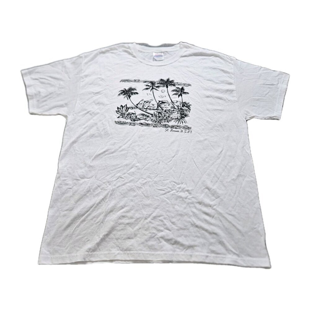 Hanes T Shirt Men XL White Cotton Crewneck SS Graphic Front Print St Thomas USVI